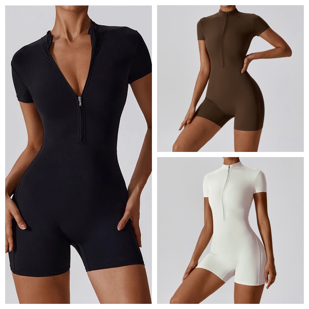 Yoga Fitness Jumpsuit - Women's Zipper Short-Sleeve Yoga Jumpsuit -