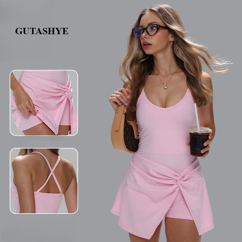 Women Spaghetti Strap Fake Two - Yoga Fitness Dress recension och pris